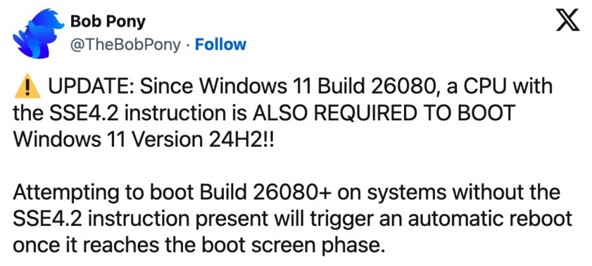 Microsoft обновила системные требования для Windows 11 24H2: процессор должен поддерживать SSE4.2