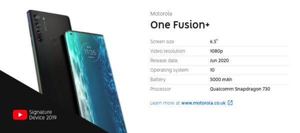 YouTube раньше времени раскрыл характеристики Motorola One Fusion+