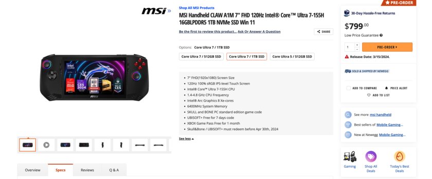 В продажу поступила портативная консоль MSI Claw: с Intel Core Ultra, графикой Intel Arc и RGB-подсветкой