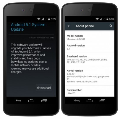 Дешевый Micromax Canvas A1 получает Android 5.1