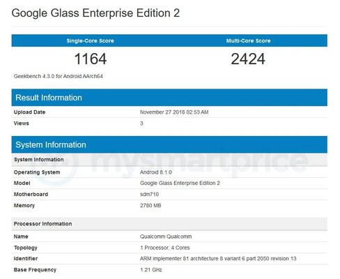 Google Glass 2 засветились в Geekbench — они мощнее большинства смартфонов