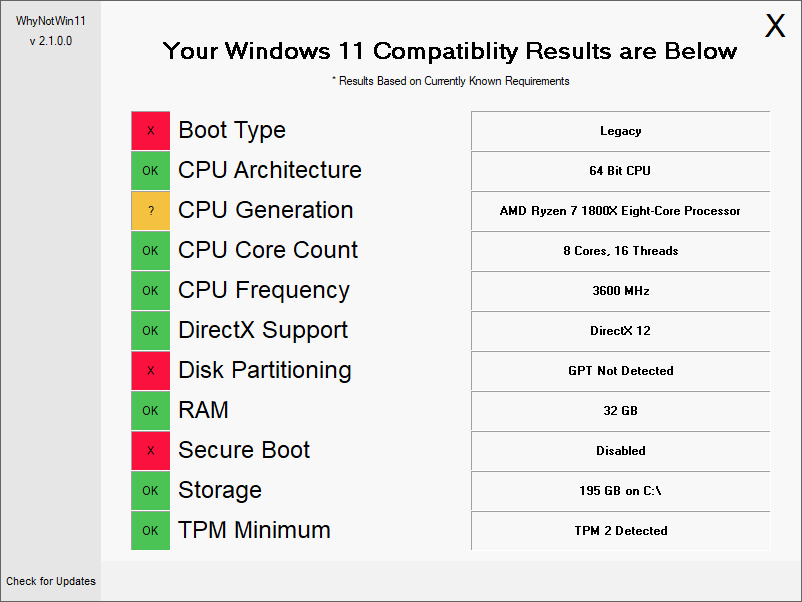 Утилита WhyNotWin11 по пунктам показывает, какие характеристики ПК не подходят для Windows 11
