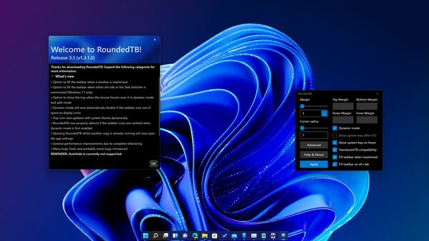 Бесплатная RoundedTB для Windows разделяет и округляет панель задач. Смотрится эффектно
