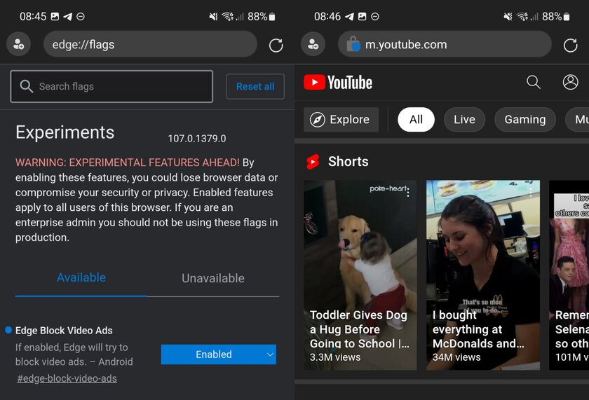 Edge for Android is already testing video ad blocking.  How to turn it on