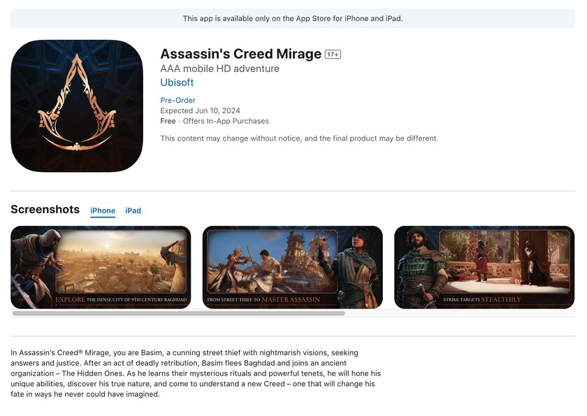 Assassin's Creed Mirage выйдет в App Store уже 6 июня: про Android ни слова