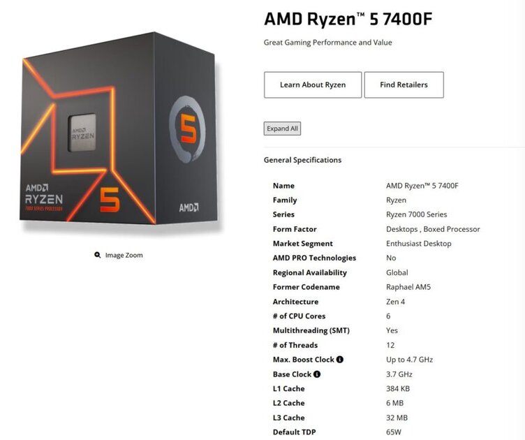 Представлен AMD Ryzen 5 7400F: шестиядерный процессор с TDP 65 Вт