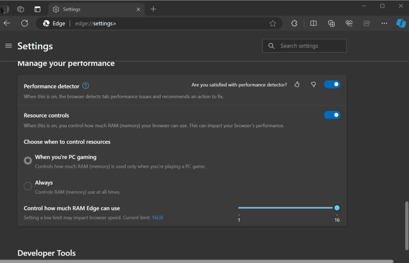 Microsoft Edge теперь позволяет ограничивать объём используемой памяти во время игр