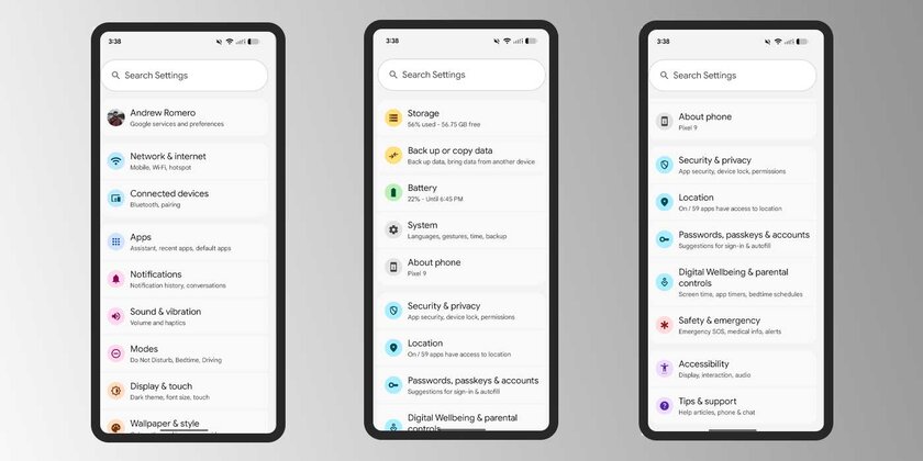 Обзор Android 16 в картинках: вот что Google уже изменила в системе — Иконки в настройках стали цветными, но не просто так. 1