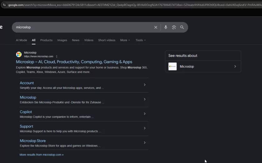 Троллинг Microsoft? Вышло расширение, заменяющее «Microsoft» на «Microslop» по всему интернету