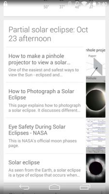 Google Now теперь показывает карточки с информацией о солнечных затмениях и деятельности полиции