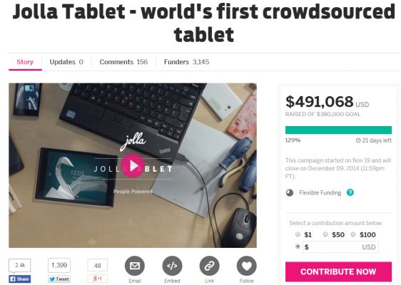 Проект планшета Jolla Tablet собрал необходимую сумму на IndieGoGo