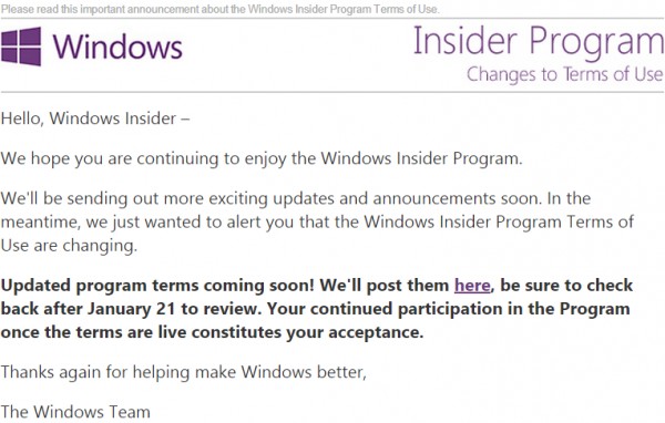 Microsoft обновит условия использования Windows Insider Program после 21 января