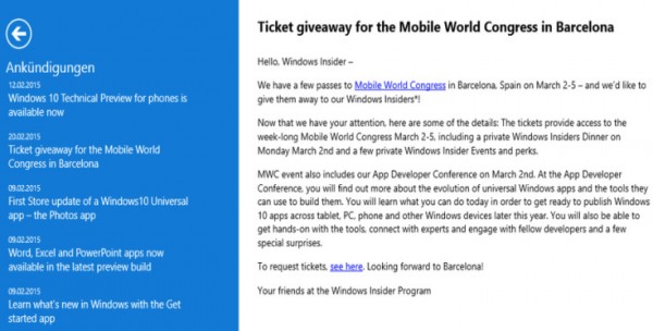 Microsoft дарит участникам Windows Insider приглашения на MWC 2015