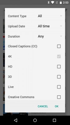 В YouTube для Android появились опции для поиска 4K-видео
