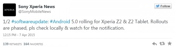 Смартфоны и планшеты Sony Xperia Z2 обновляются до Android 5.0