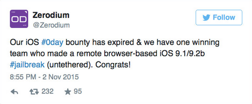 Zerodium выплатила хакерам  млн за джейлбрейк для iOS 9.1 и 9.2 beta