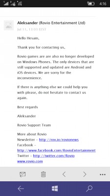 Rovio отказалась от поддержки Windows-платформ