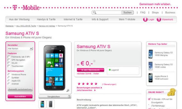 В Европу поступил Samsung ATIV S на Windows Phone 8