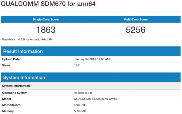 Процессор Snapdragon 670 засветился в Geekbench 4