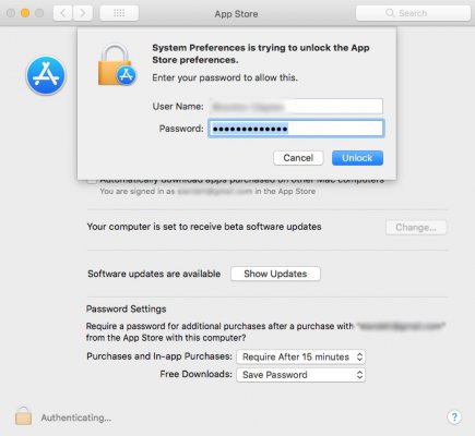 macOS High Sierra принимает любой пароль для разблокировки настроек App Store