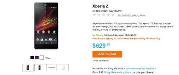SONY Xperia Z официально доступен через интернет-магазин SONY в США