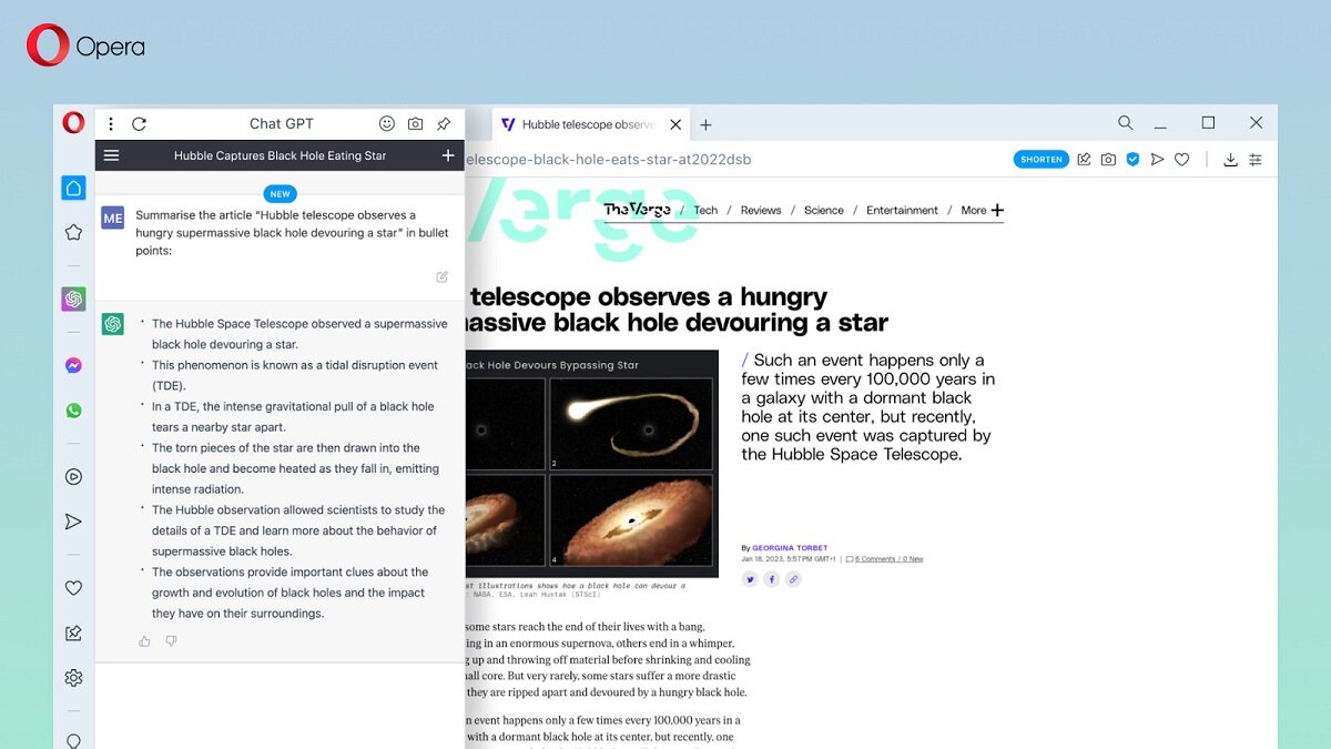 Opera built ChatGPT into the sidebar: AI can generate summaries of articles and more