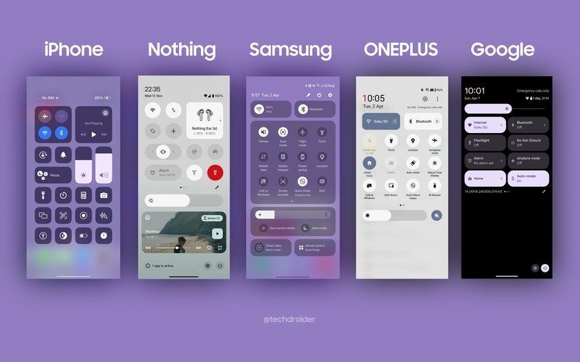 iOS 17 vs NothingOS 3.0 vs One UI 6.1 vs OxygenOS vs Android 15 — у кого панель управления лучше?