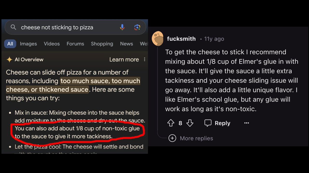 ИИ в поисковике Google советует добавить 1/8 чашки нетоксичного клея, чтобы сыр лучше прилипал к пицце