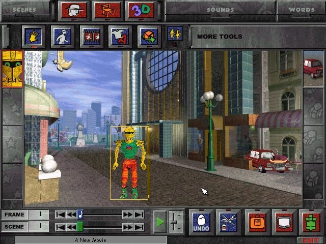 Это Microsoft 3D Movie Maker из 1995 года — дизайн смотрелся странно ещё тогда, утилиту создавали для детей