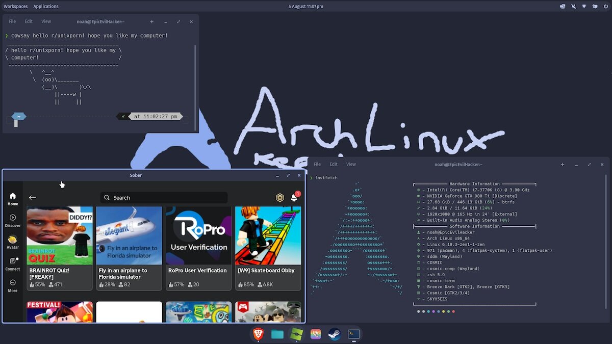 Roblox, криповая заставка и ничего лишнего: так выглядит классический рабочий стол фаната Arch Linux