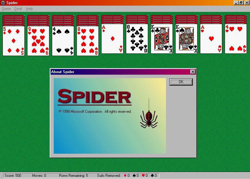 Так Пасьянс «Паук» выглядел в 1998 году, когда дебютировал в пакете Microsoft Plus! для Windows 98