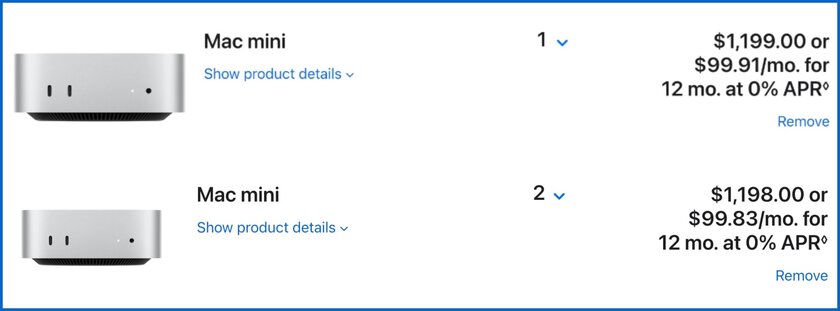 Так выглядит «математика Apple»: два Mac mini 16/256 стоят на 1 доллар дешевле, чем один Mac mini на 32/512