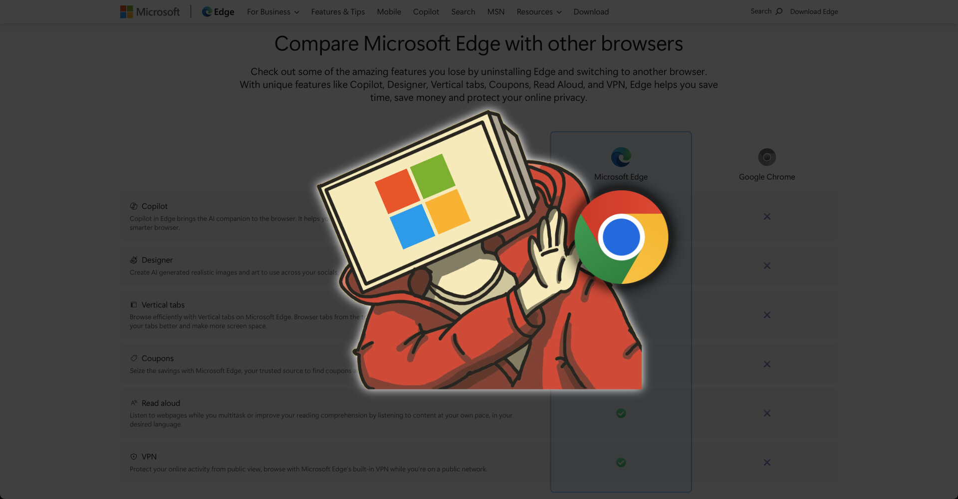 Это какой-то мем: справка Microsoft по удалению Edge говорит только о том, чем Chrome хуже