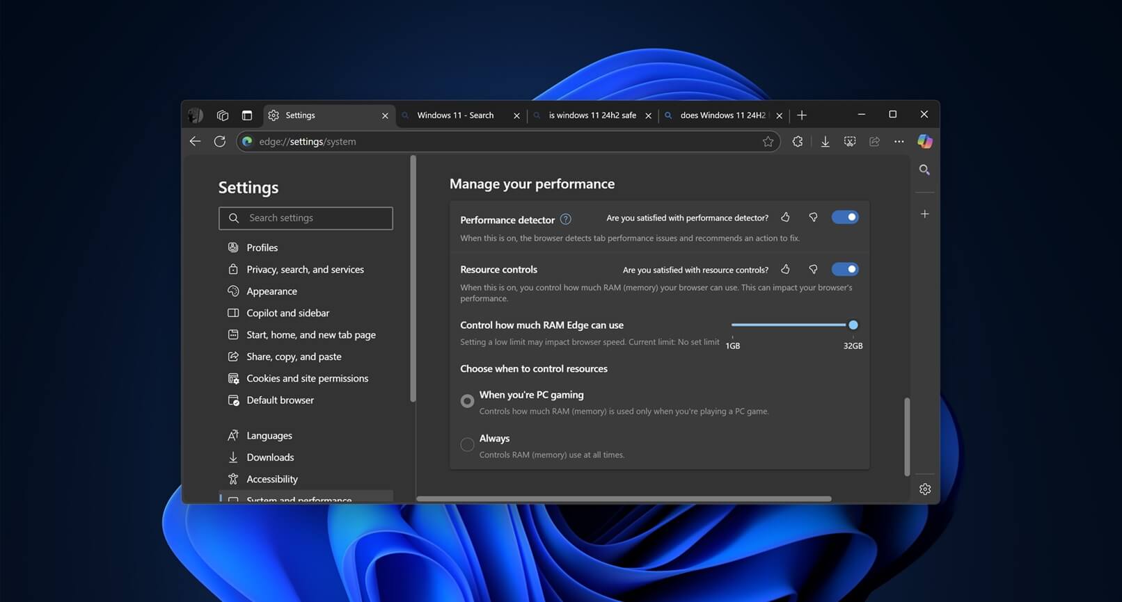 Microsoft Edge теперь позволяет ограничивать объём используемой памяти во время игр