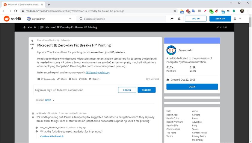 Исправление уязвимости Internet Explorer ломает функцию печати. Но есть способ все починить
