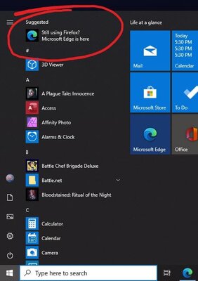 Microsoft продвигает браузер Edge через меню «Пуск» в Windows 10