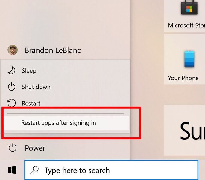 В новой сборке Windows 10 появилась опция перезапуска приложений после перезагрузки системы
