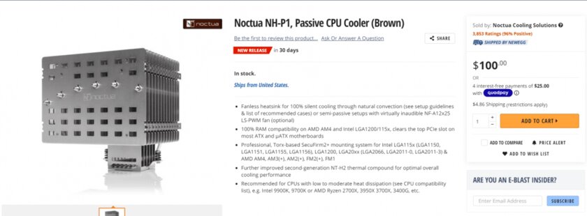 Noctua представила кулер без единого вентилятора: он осилит даже разогнанный Intel Core i9-9900K