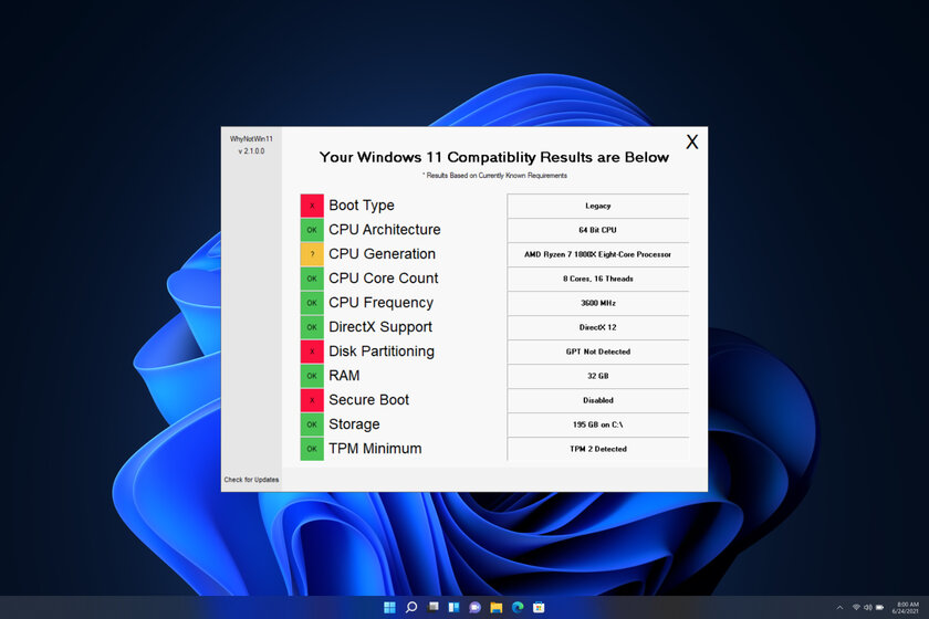 Утилита WhyNotWin11 по пунктам показывает, какие характеристики ПК не подходят для Windows 11