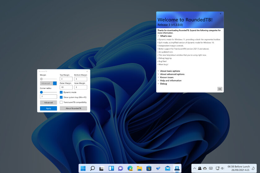 Бесплатная RoundedTB для Windows разделяет и округляет панель задач. Смотрится эффектно
