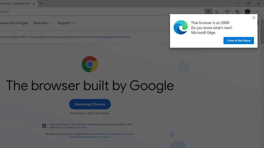 Microsoft креативно предостерегает пользователей от Chrome прямо перед его скачиванием