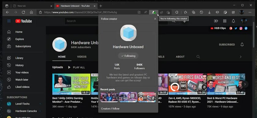 В Edge появится инструмент для отслеживания обновлений YouTube-каналов. Как он выглядит