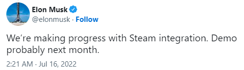 Илон Маск пообещал интегрировать Steam в электрокары Tesla