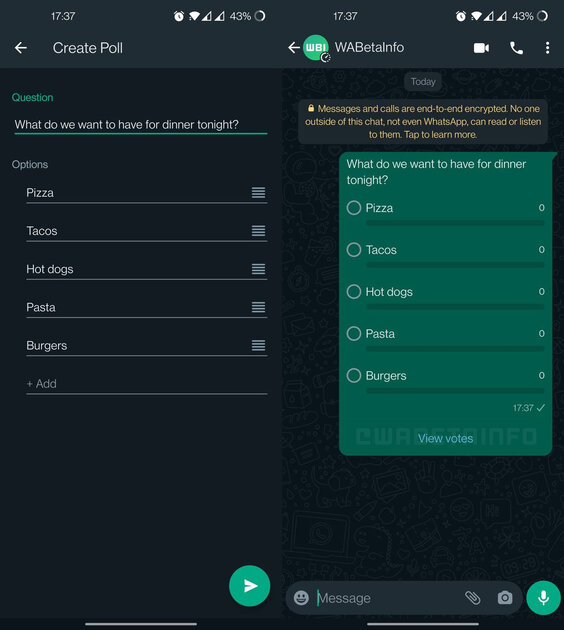 В WhatsApp* появилась возможность создавать опросы в индивидуальных чатах