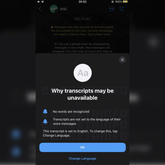 Свершилось! WhatsApp* тестирует расшифровку голосовых сообщений в iOS