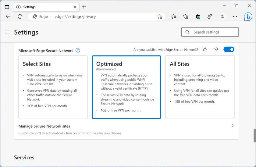 В браузере Edge появляется встроенный VPN: есть бесплатный тариф, но лимитированный
