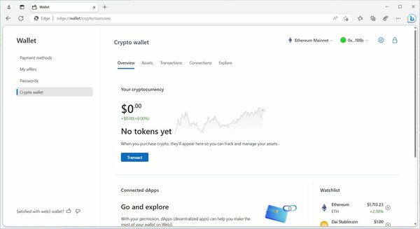 Microsoft тестирует криптовалютный кошелёк, встроенный в браузер Edge