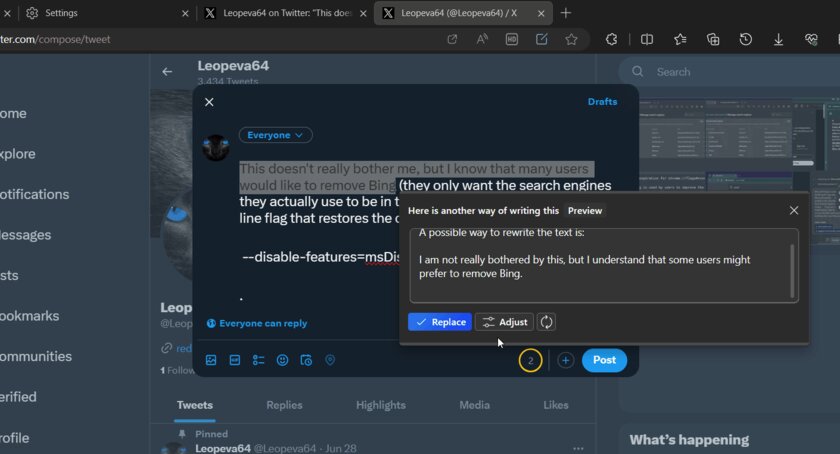 Microsoft тестирует функцию изменения текста с помощью ИИ в браузере Edge: вот как это выглядит