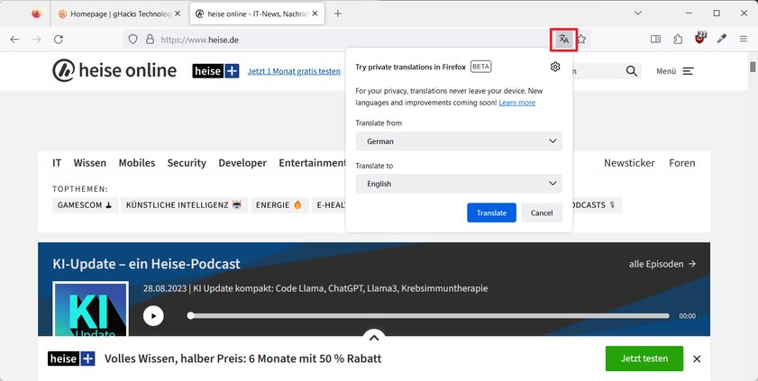 Стабильный Firefox получил встроенный офлайн-переводчик, но его надо включить
