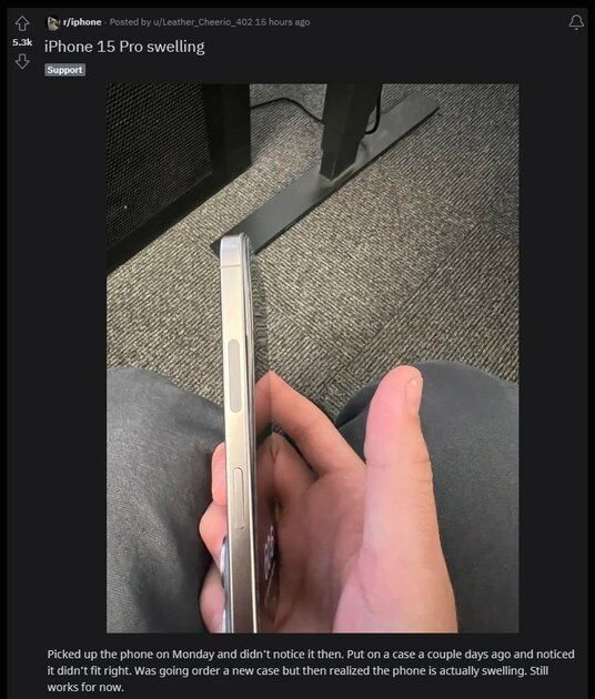 У iPhone 15 Pro новая проблема — вздутие аккумулятора. Зафиксирован первый случай